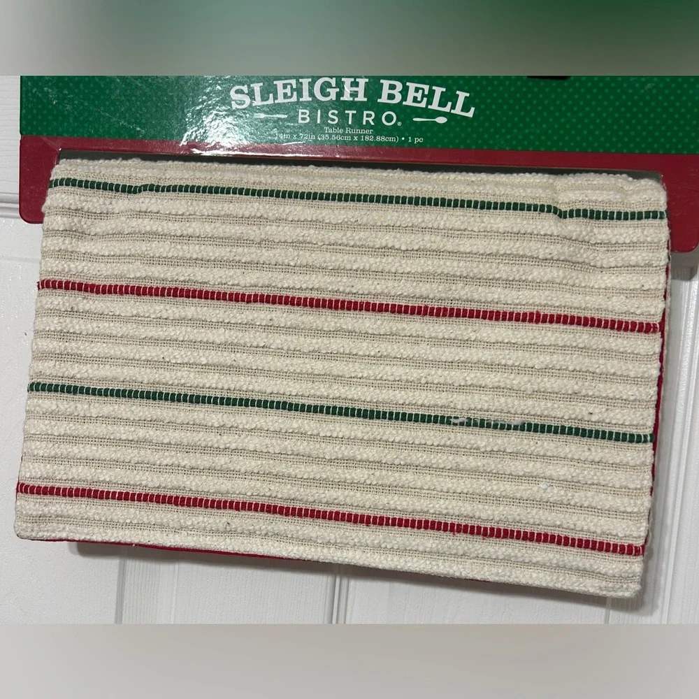 Sleigh Bell Bistro Christmas Table Runner Cream Red Green Stripe Farmhouse NEW
